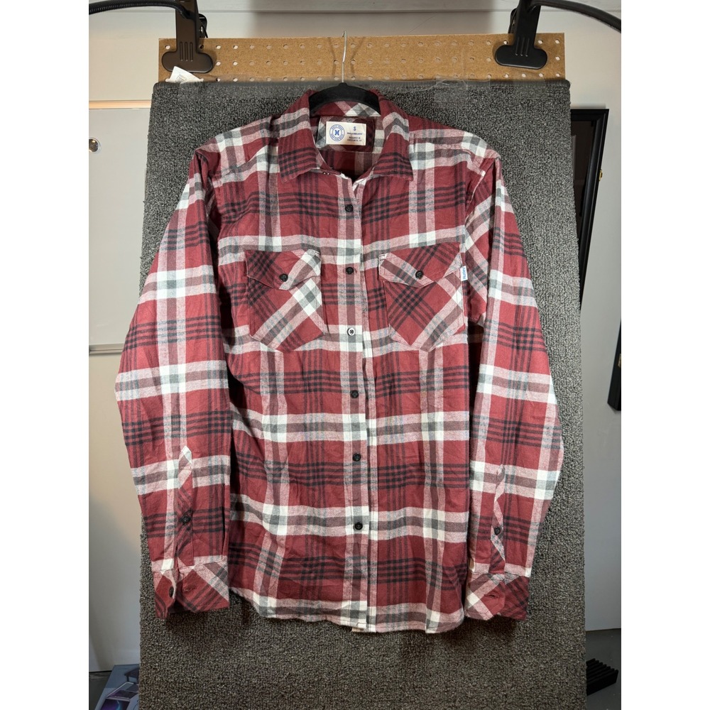 Hurley Plaid Button Up Shirt Mens Small Red Long Sleeve Flannel Pockets